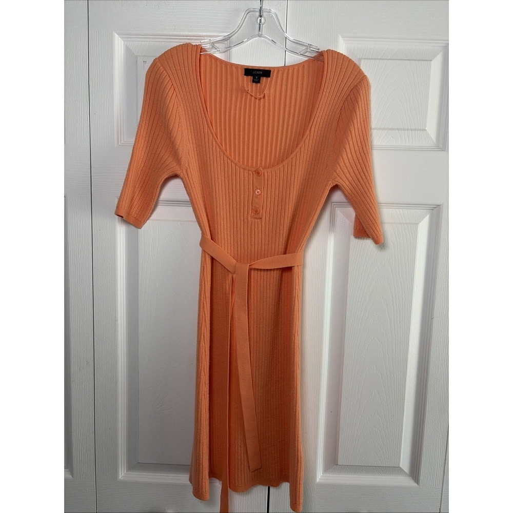 J.Crew Ribbed Henley Sweater Dress Womens Size S Orange Merino Wool Blend Belted